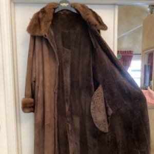 Brown Shearling Long Coat with Ranch Mink Trim